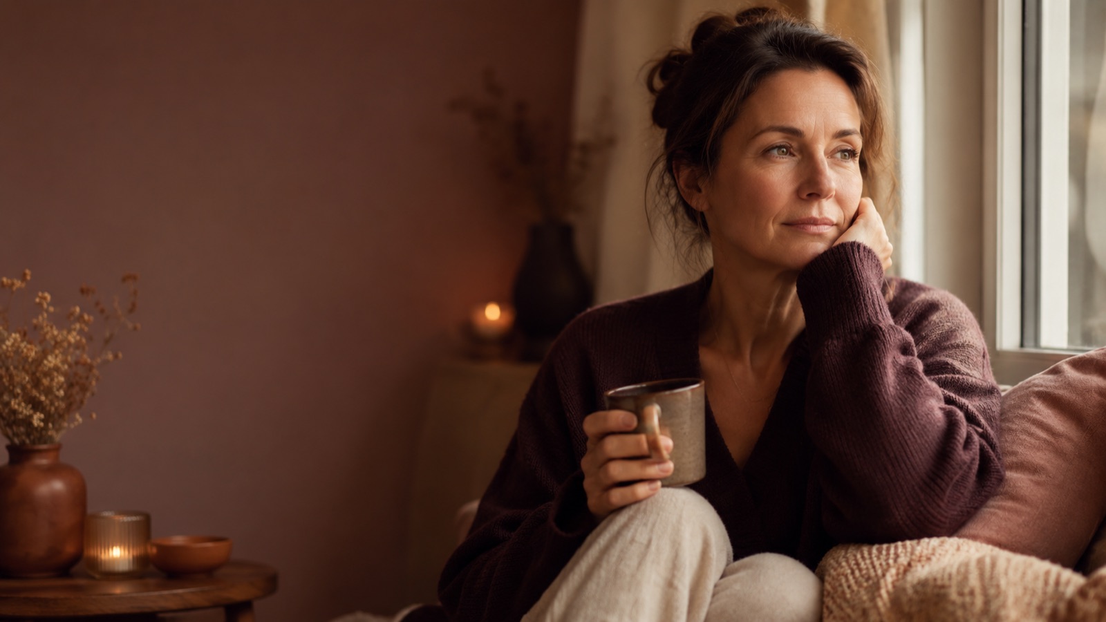 Femme songeuse, une tasse à la main, dans un intérieur chaleureux