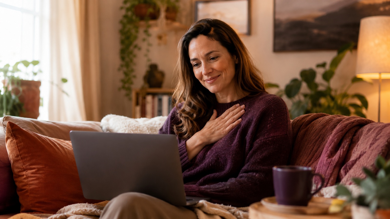 Femme souriante lors d'un appel en visio depuis son salon
