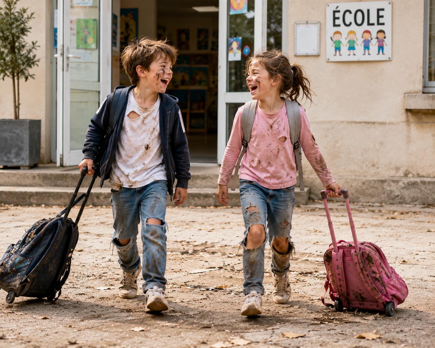 Deux enfants pleins de vie à la sortie de l'école